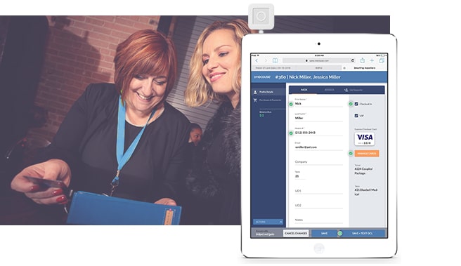 iPad showcasing SmartPay Fundraising Payments software overlaid with nonprofit volunteer and donor using the software